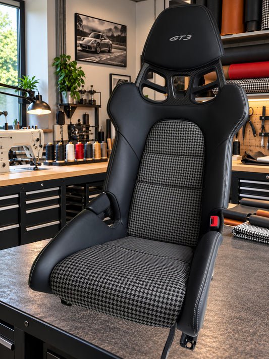 911R / 50th Anniversary schwarz/agathe grau | Bezüge und Sitz-Polster für Porsche 992.1 GT3 & GT3 RS inkl. Sensoren Pepita Inlets Bucket Seats Schalensitze LWB - Set rechts und links - plug & play